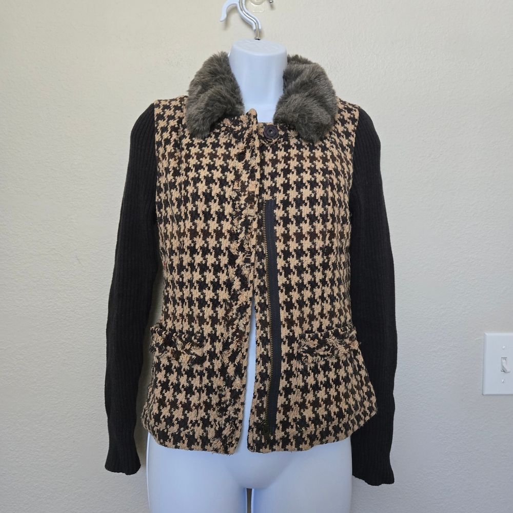 Vintage Y2K Cabi Houndstooth Sweater Blazer Faux Fur Collar Size 0 Fall